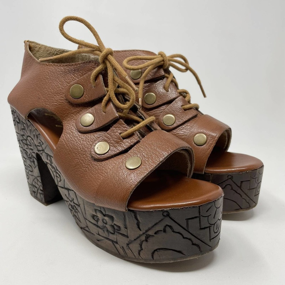 Free People Brown Leather Platform Sandals with Carved Wood-Effect Heel